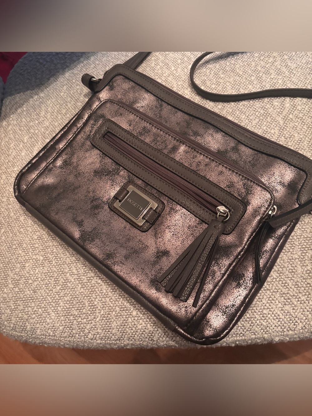 Rosetti Metallic Silver Crossbody Bag - Gray Leather - Like New